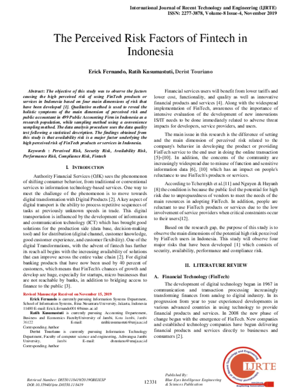 (PDF) The Perceived Risk Factors of Fintech in Indonesia