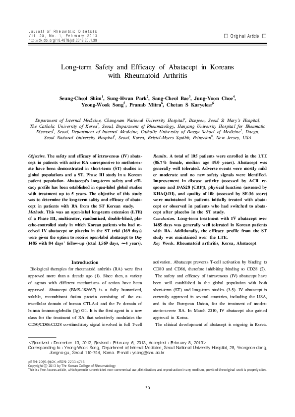 (PDF) Long-term Safety and Efficacy of Abatacept in Koreans with ...