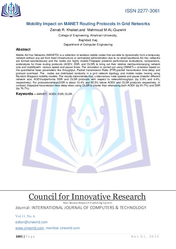 (PDF) Mobility Impact on MANET Routing Protocols In Grid Networks