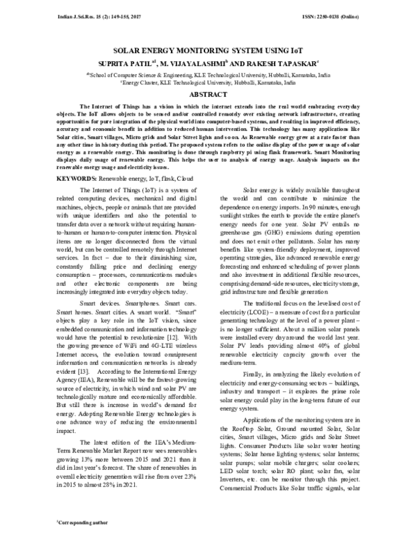 (PDF) SOLAR ENERGY MONITORING SYSTEM USING IoT Rakesh Tapaskar