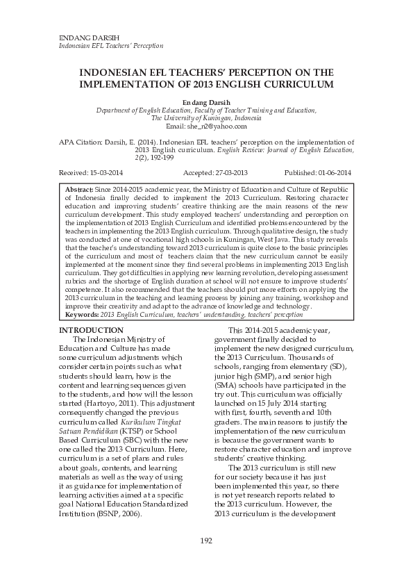 (PDF) Indonesian Efl Teachers’ Perception on the Implementation of 2013 ...