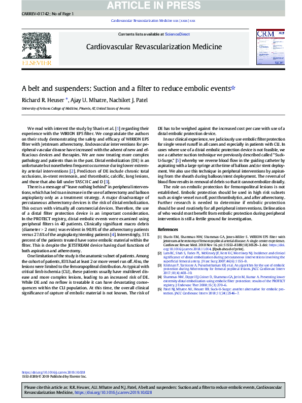 (PDF) A belt and suspenders Suction and a filter to reduce embolic events Nachiket Patel