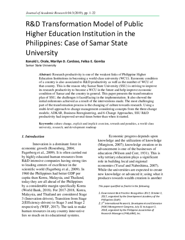 (PDF) R&D Transformation Model of Public Higher Education Institution ...