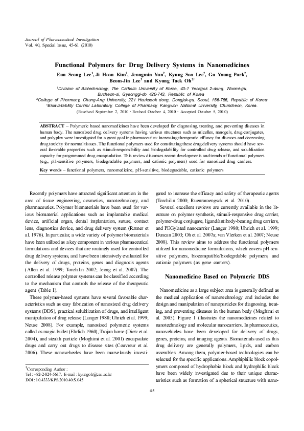 (PDF) Functional Polymers for Drug Delivery Systems in Nanomedicines