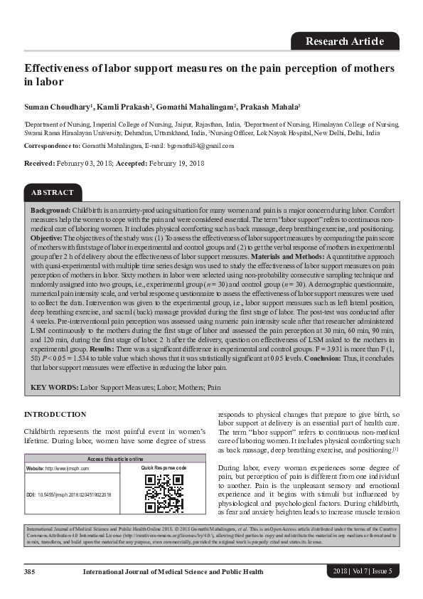 (PDF) Effectiveness of labor support measures on the pain perception of ...