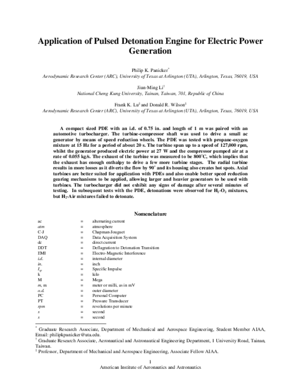 (PDF) Application of a Pulsed Detonation Engine for Electric Power