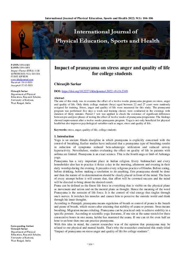 (PDF) Impact of pranayama on stress anger and quality of life for ...