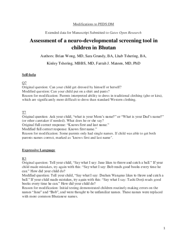 (PDF) Modifications to the PEDS:DM Test for Bhutanese Children