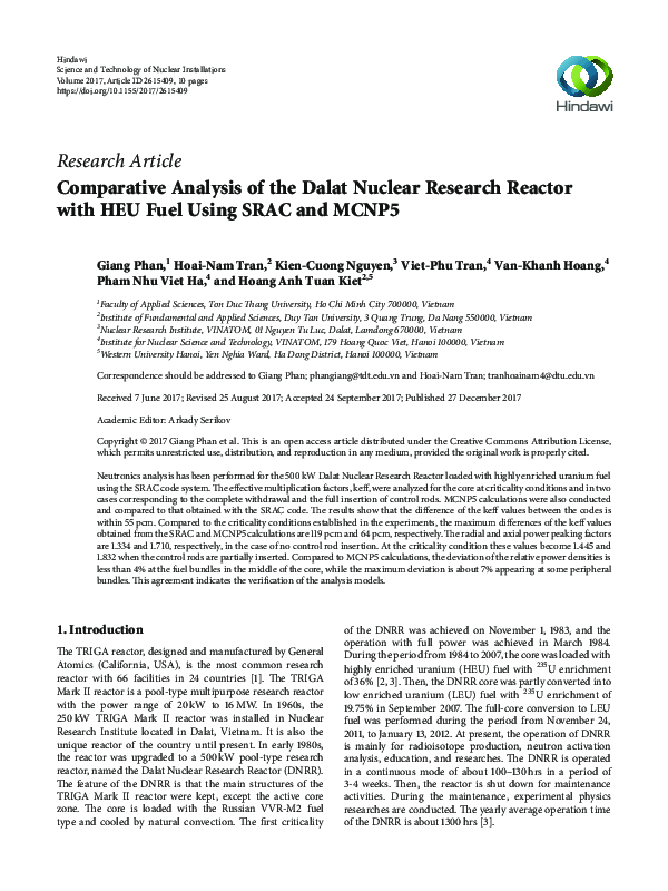 (PDF) Comparative Analysis of the Dalat Nuclear Research Reactor with ...
