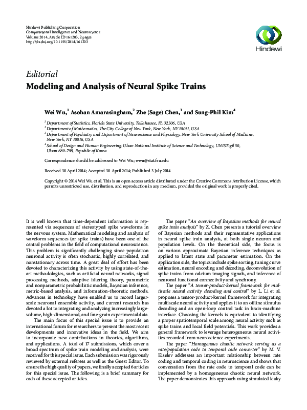 (PDF) Modeling and analysis of neural spike trains