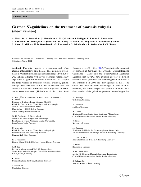 (PDF) German S3guidelines on the treatment of psoriasis vulgaris