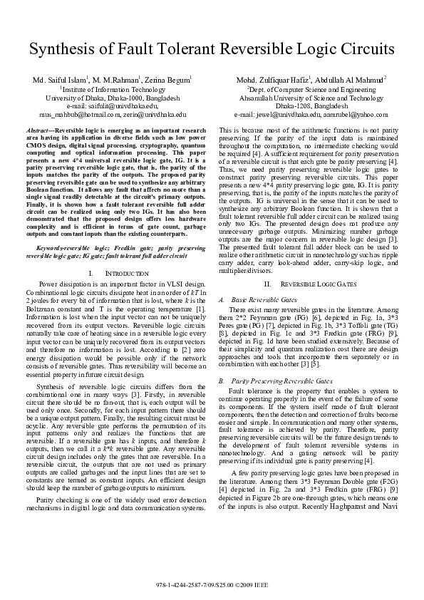 (PDF) Synthesis of Fault Tolerant Reversible Logic Circuits