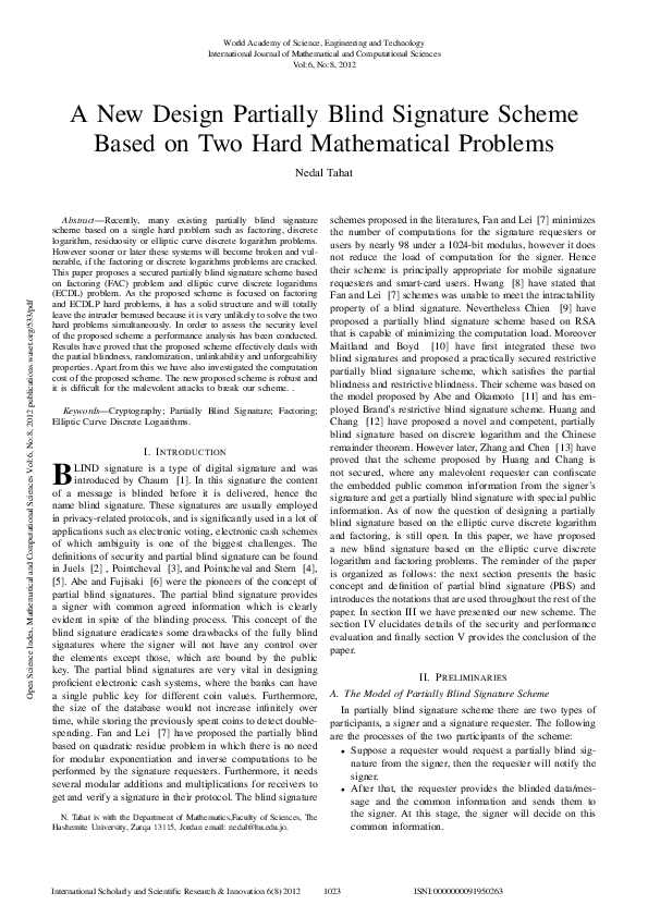 (PDF) A New Design Partially Blind Signature Scheme Based On Two Hard ...