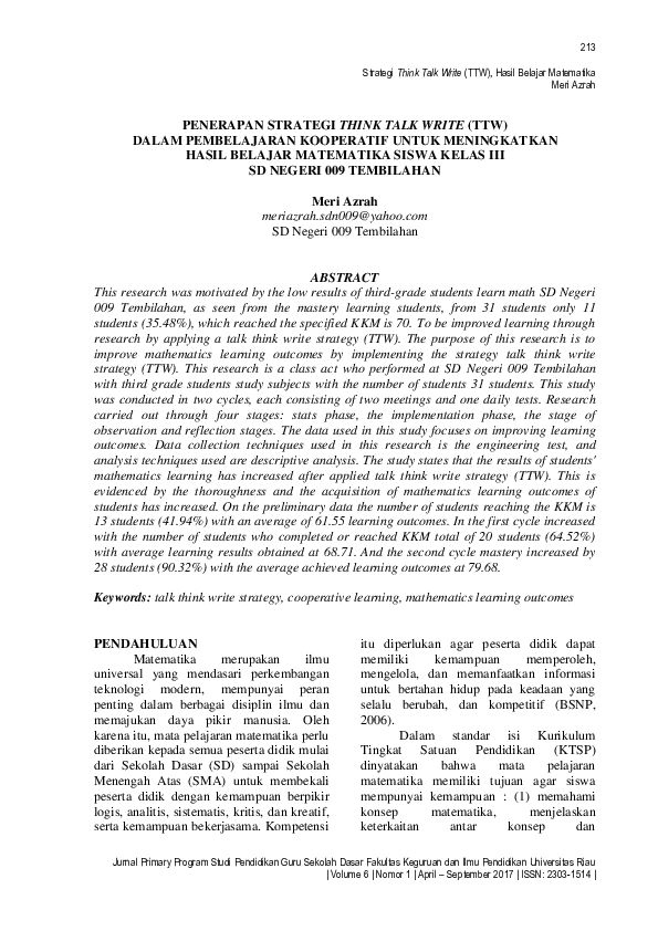 (PDF) Penerapan Strategi Think-talk-write (Ttw) dalam Pembelajaran ...
