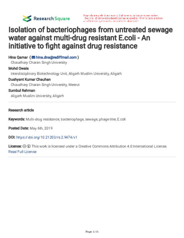 (PDF) Isolation of bacteriophages from untreated sewage water against ...