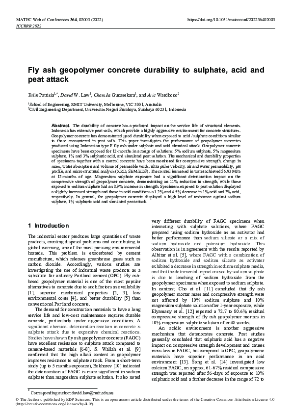 (PDF) Fly ash geopolymer concrete durability to sulphate, acid and peat ...