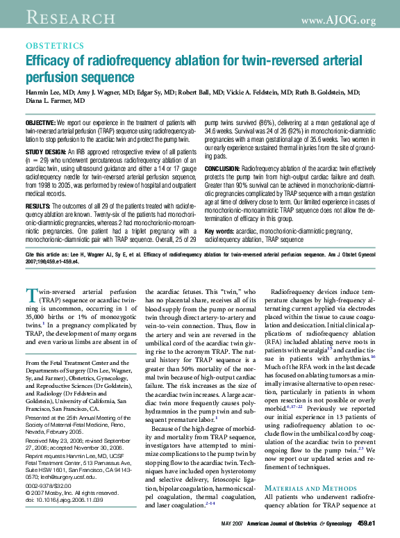 (PDF) Efficacy of radiofrequency ablation for twin-reversed arterial ...