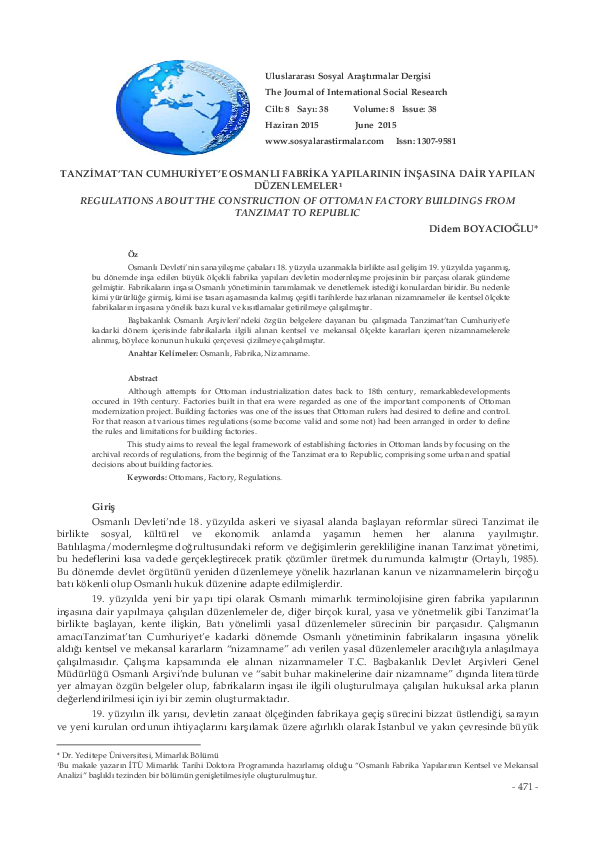 (PDF) Tanzimat tan Cumhuriyet e Osmanlı Fabrika Yapılarının İnşasına ...