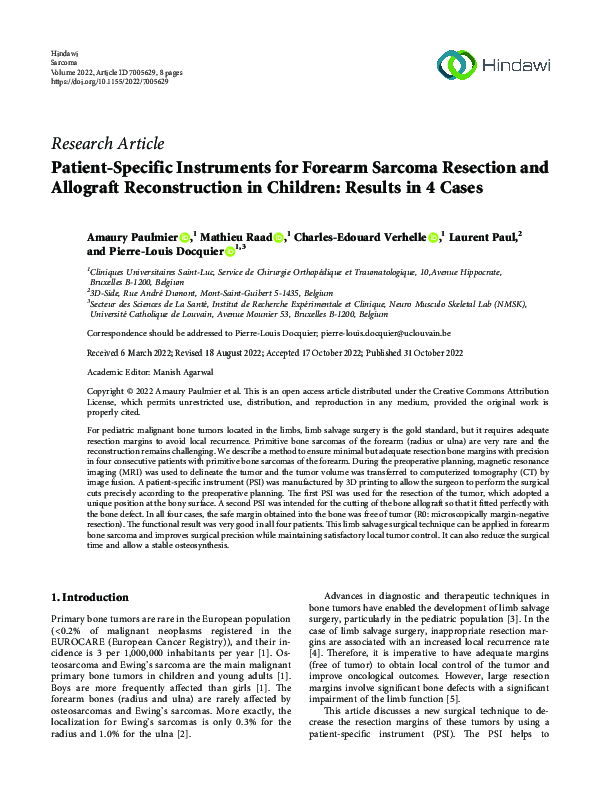 (PDF) Patient-Specific Instruments for Forearm Sarcoma Resection and ...