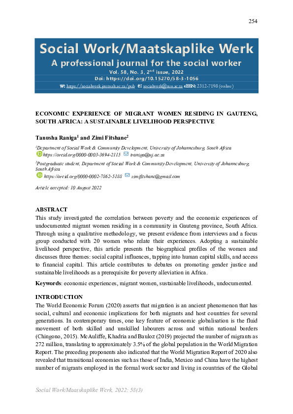 (PDF) Economic Experience of Migrant Women Residing in Gauteng, South ...