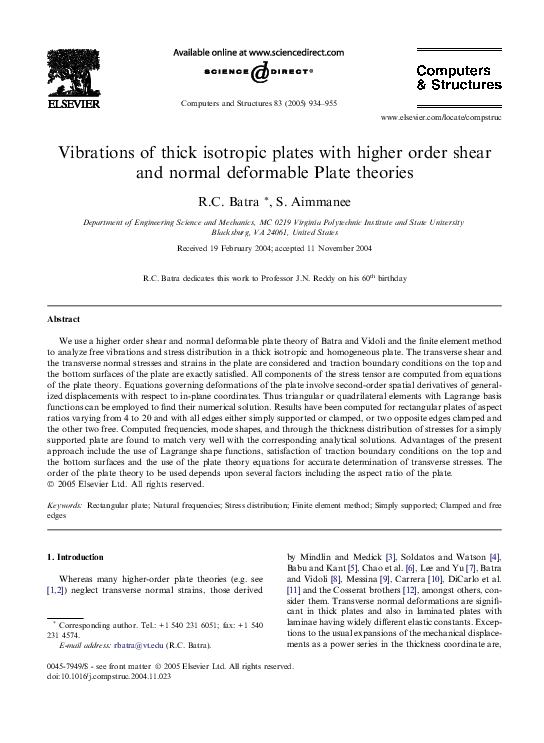 (PDF) Vibrations of thick isotropic plates with higher order shear and ...