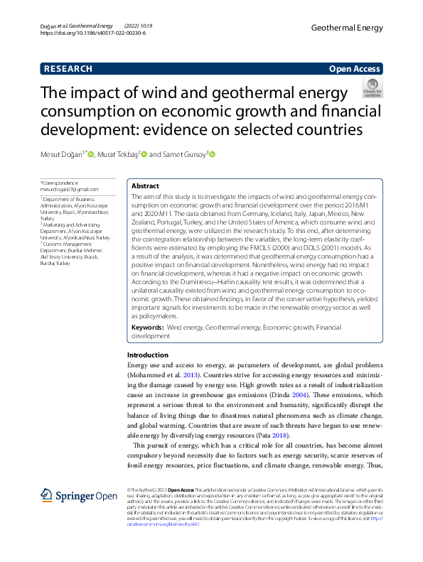 (PDF) The impact of wind and geothermal energy consumption on economic ...