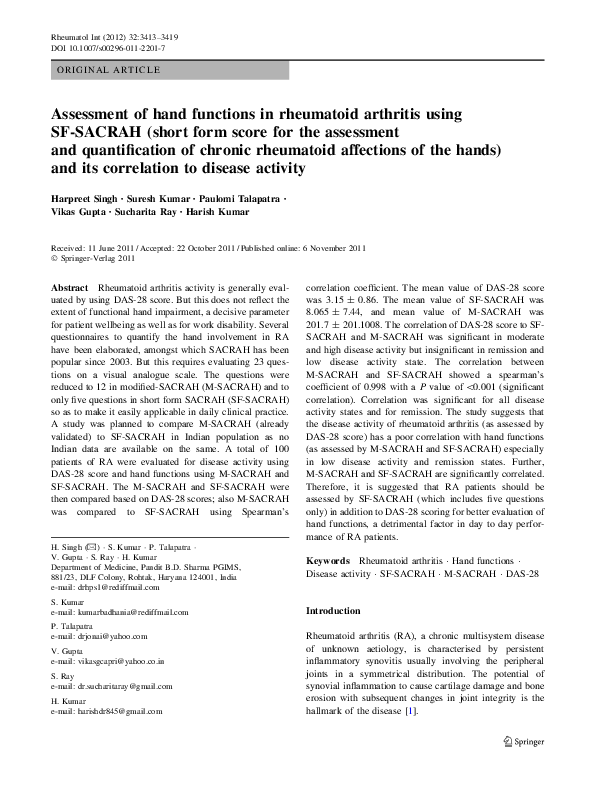 (PDF) Assessment of hand functions in rheumatoid arthritis using SF ...