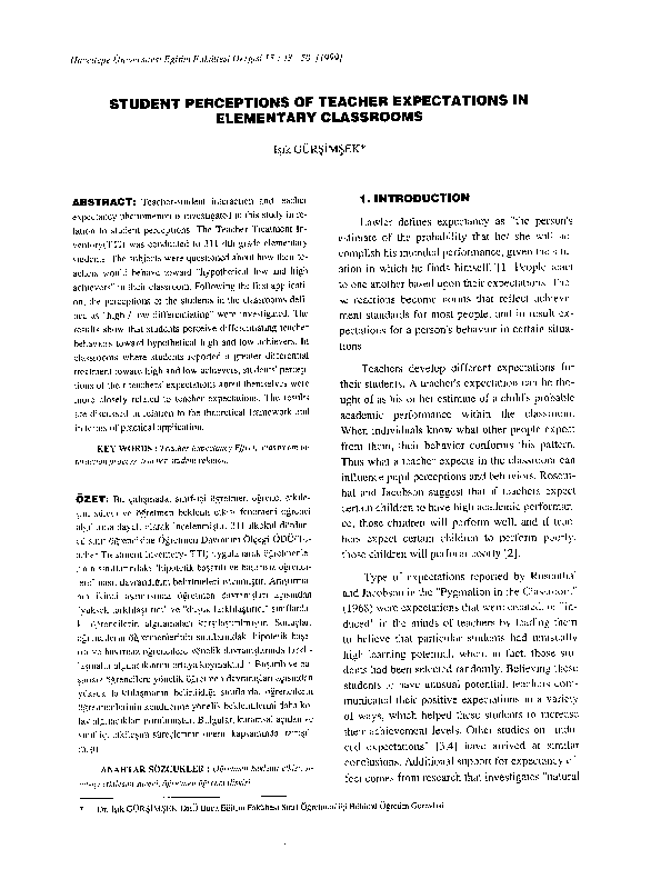 (PDF) Student perceptions of teacher expectations in elementary classrooms