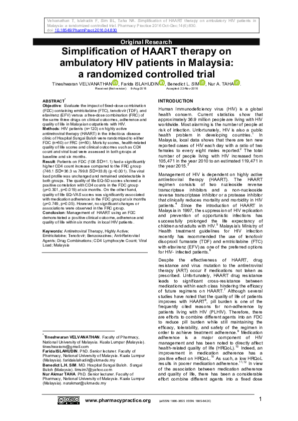 (PDF) Simplification of HAART therapy on ambulatory HIV patients in ...