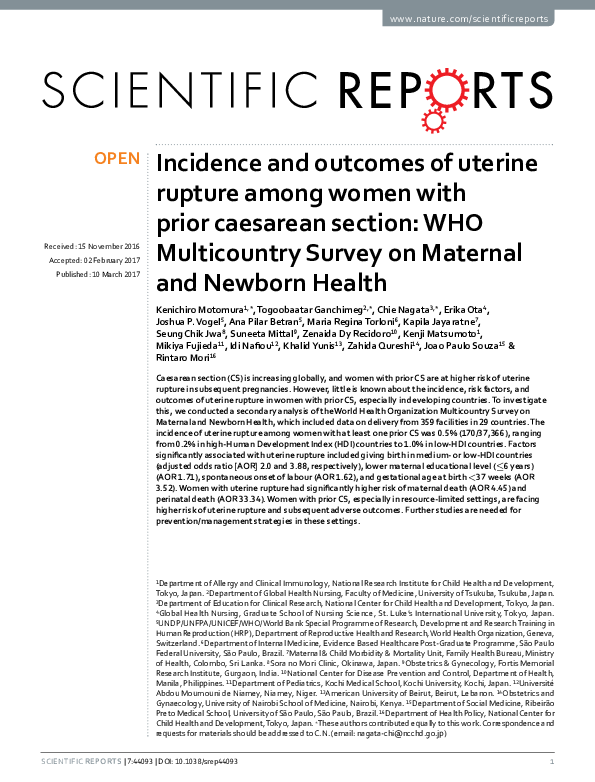 (PDF) Incidence and outcomes of uterine rupture among women with prior ...