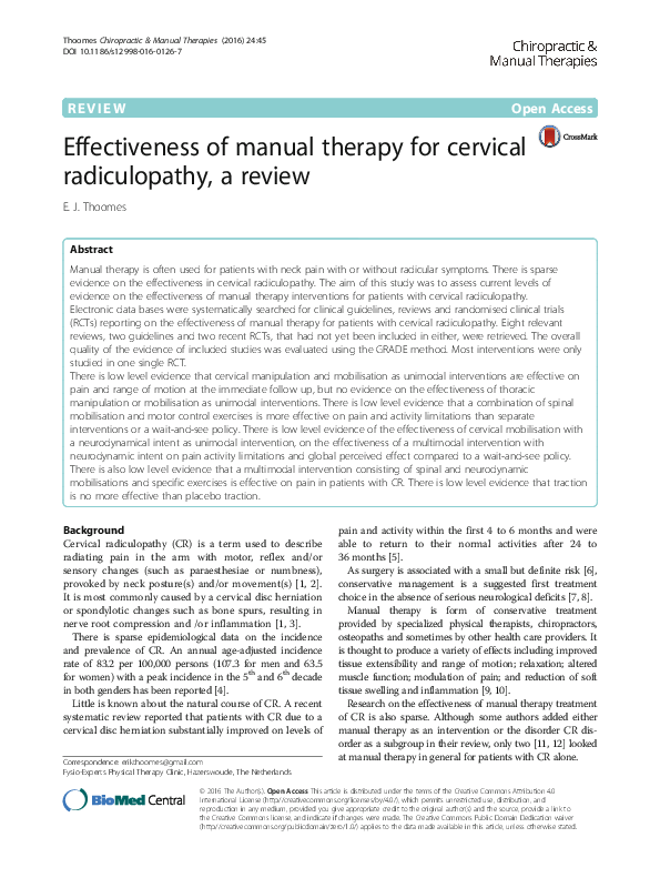 (PDF) Effectiveness of manual therapy for cervical radiculopathy, a