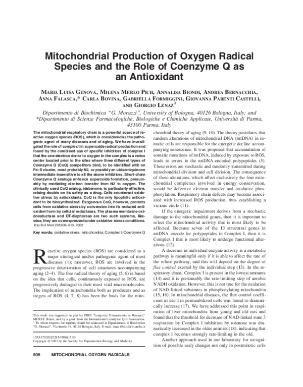 (PDF) Mitochondrial Production of Oxygen Radical Species and the Role ...