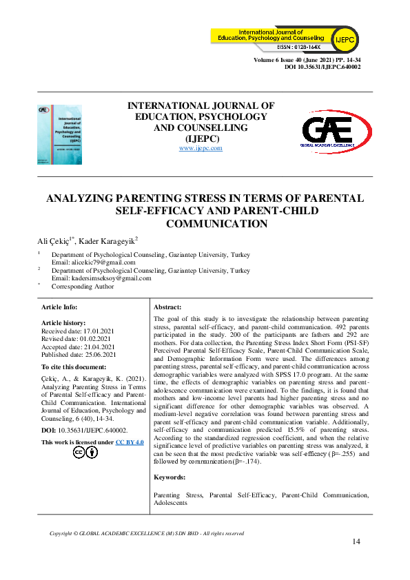(PDF) Analyzing Parenting Stress in Terms of Parental Self-Efficacy and ...