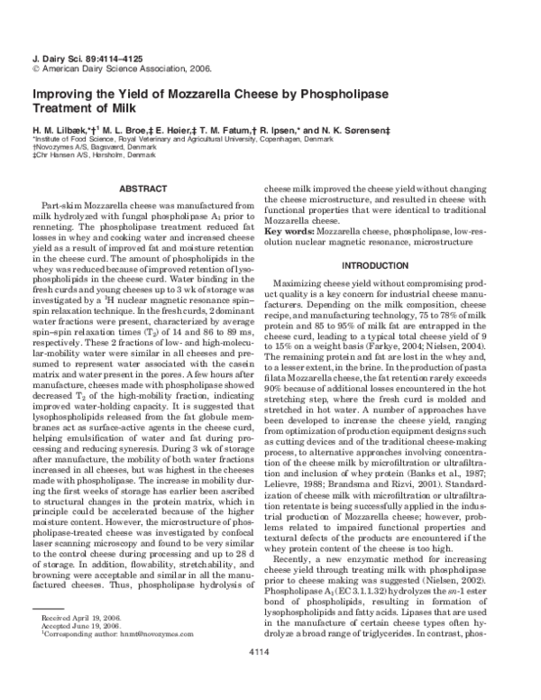 (PDF) Improving the Yield of Mozzarella Cheese by Phospholipase