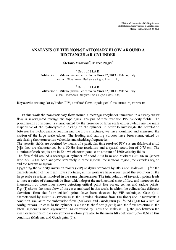 (PDF) Analysis of non-stationary flow around a rectangular cylinder