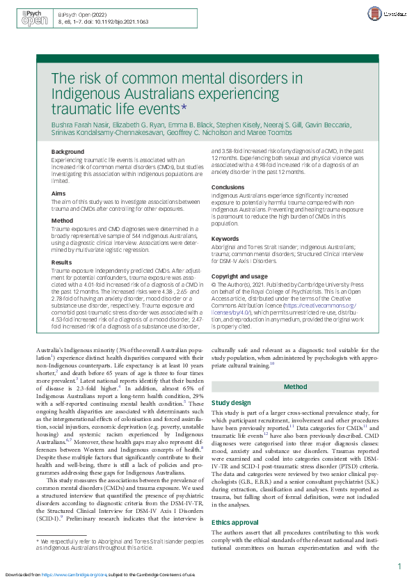 (PDF) The risk of common mental disorders in Indigenous Australians ...