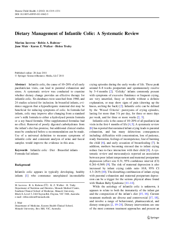 (PDF) Dietary Management of Infantile Colic A Systematic Review