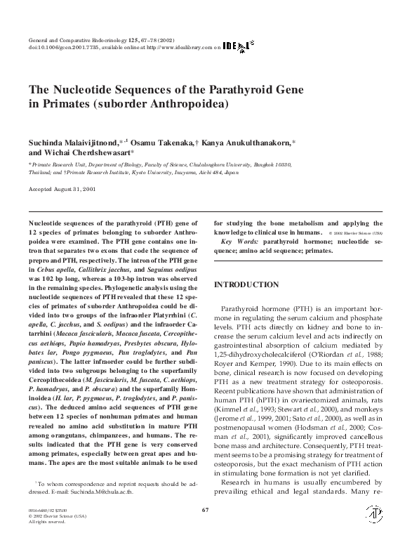 (PDF) The Nucleotide Sequences of the Parathyroid Gene in Primates ...