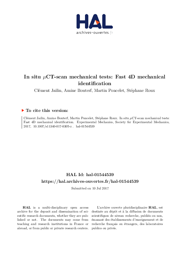 (PDF) In situ μ CT-scan Mechanical Tests: Fast 4D Mechanical Identification