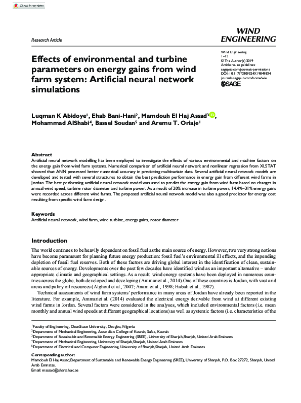 (PDF) Effects of environmental and turbine parameters on energy gains ...