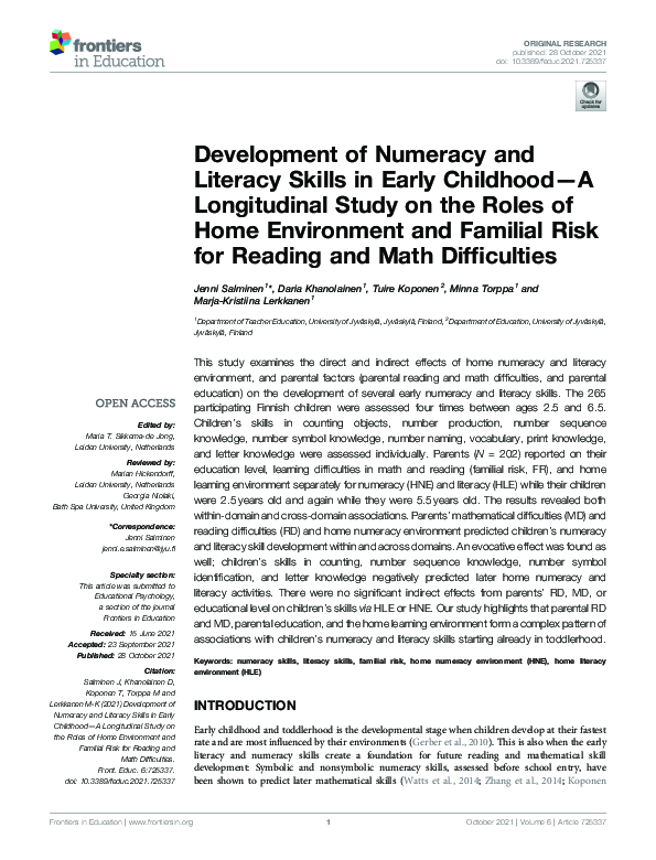 (PDF) Development of Numeracy and Literacy Skills in Early Childhood—A ...