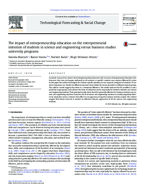 (PDF) The impact of entrepreneurship education on the entrepreneurial ...