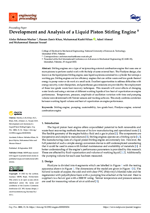 (PDF) Development and Analysis of a Liquid Piston Stirling Engine