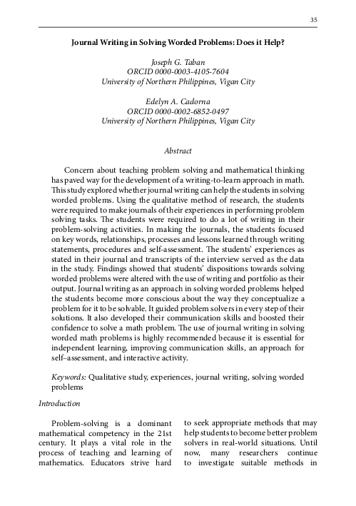 (PDF) Journal Writing In Solving Worded Problems: Does It Help?