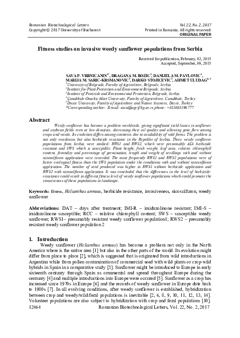 (PDF) Fitness studies on invasive weedy sunflower populations from Serbia