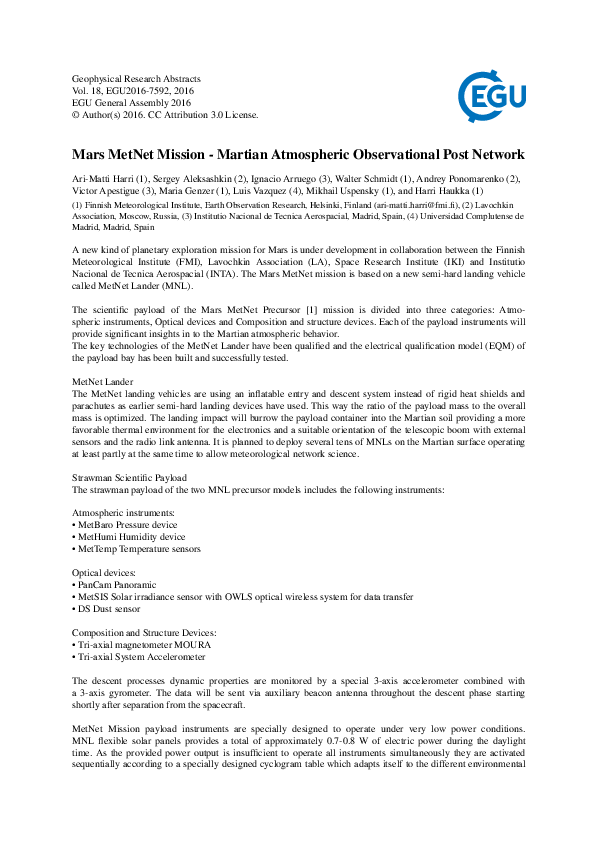 (PDF) Mars MetNet Mission - Martian Atmospheric Observational Post Network