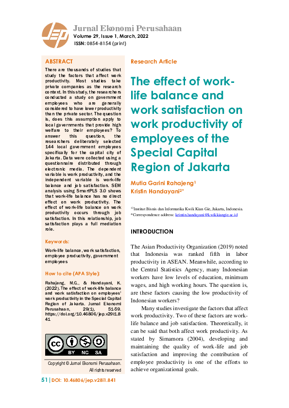 (PDF) The effect of work-life balance and work satisfaction on work ...