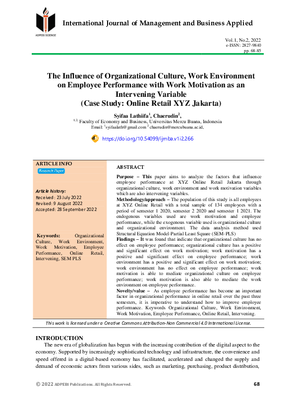 (PDF) The Influence of Organizational Culture, Work Environment on ...