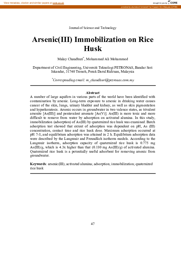 (PDF) Arsenic(III) Immobilization on Rice Husk ali mohammed