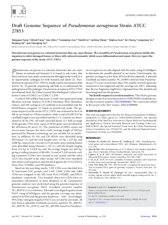 (PDF) Draft Genome Sequence of Pseudomonas aeruginosa Strain ATCC 27853